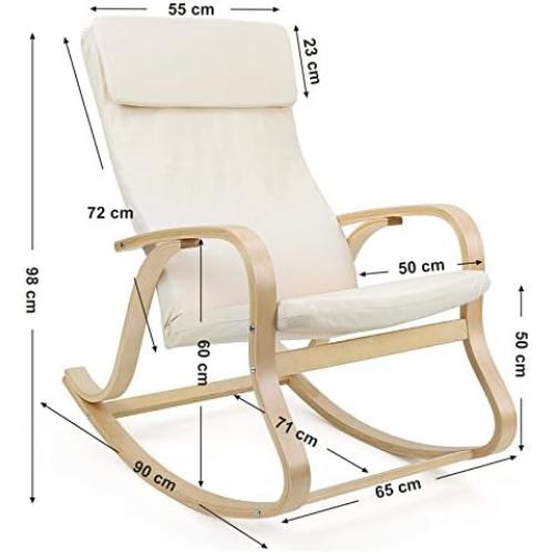 Présentation de Zoom sur Fauteuil Bascule Bois Bouleau, Chaise Bercante Oreiller, Housse Coton Beige