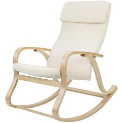 Présentation Fauteuil Bascule Bois Bouleau, Chaise Bercante Oreiller, Housse Coton Beige