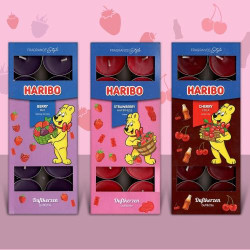 Bougies parfumées HARIBO, lot 30, Berry Mix, Cherry Cola en situation