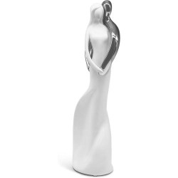 Présentation Sculpture Couple Amoureux, Céramique Blanc Argent, Décoration Moderne