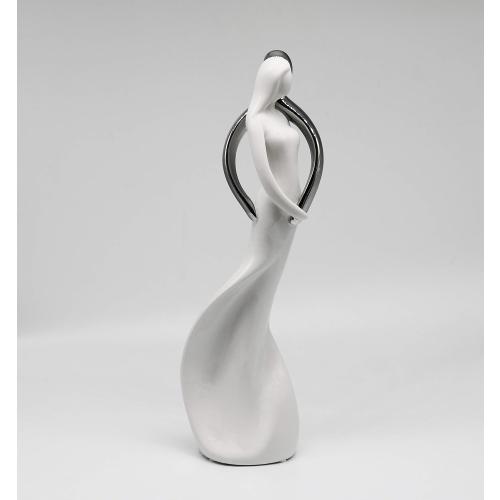 Présentation de Zoom sur Sculpture Couple Amoureux, Céramique Blanc Argent, Décoration Moderne