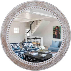 Présentation Miroir rond rustique Decointo, cadre bois, perles blanches