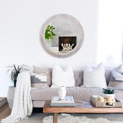 Présentation de Zoom sur Miroir rond rustique Decointo, cadre bois, perles blanches