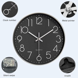 Horloge Murale Moderne Quartz Silencieuse, Noir Argenté en situation