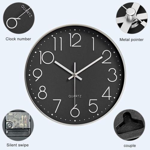 Présentation de Horloge Murale Moderne Quartz Silencieuse, Noir Argenté en situation