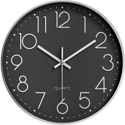 Présentation Horloge Murale Moderne Quartz Silencieuse, Noir Argenté