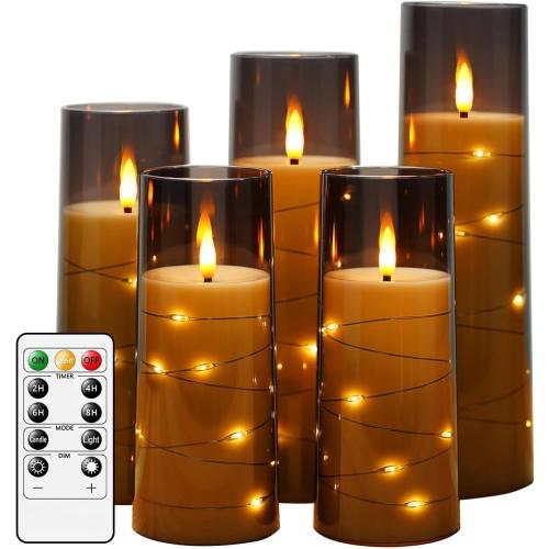 Présentation de Bougies LED Flamme Vacillante, Télécommande, Lot de 5, Gris