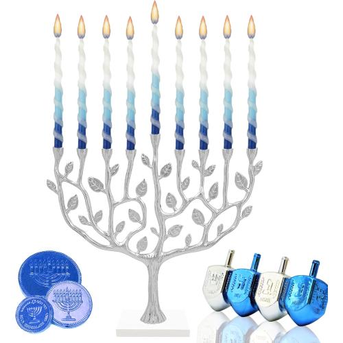 Présentation de Zoom sur Bougies torsadées luxe bleu, blanc, Menorah Hanoukka