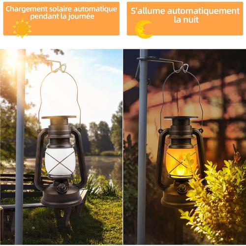 Présentation de Lanterne Solaire Vintage Kinglead, LED Effet Flammes, IP65 en situation