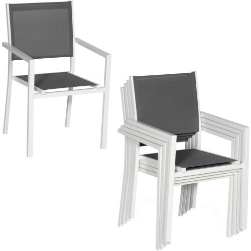 Présentation de Zoom sur Chaises Aluminium Blanc, Textilène Gris, Happy Garden