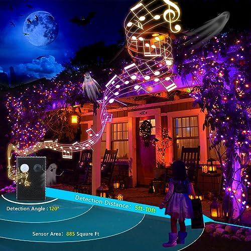 Présentation de Zoom sur Guirlande Lumineuse Halloween, Décoration Extérieure Éclatante, LED Orange Violet