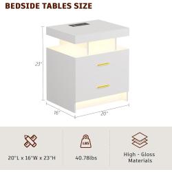 Table de nuit LED blanche, charge sans fil, 2 tiroirs en situation