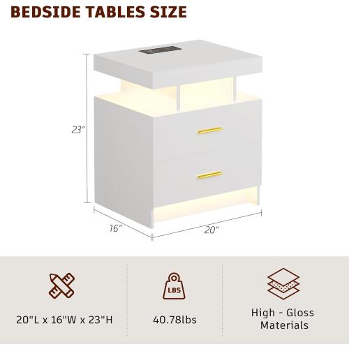 Présentation de Table de nuit LED blanche, charge sans fil, 2 tiroirs en situation