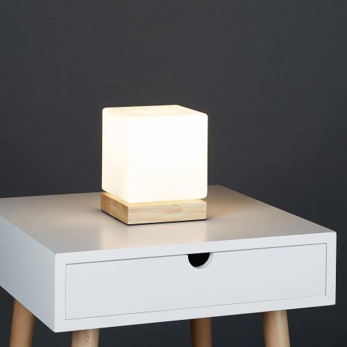 Présentation de Lampe Table Relaxdays, Bois Verre Opale, Blanc Brun en situation