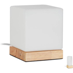 Présentation Lampe Table Relaxdays, Bois Verre Opale, Blanc Brun