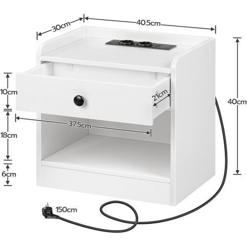 Présentation de Zoom sur Table de Chevet HOOBRO, Charge USB, Tiroirs, Blanc