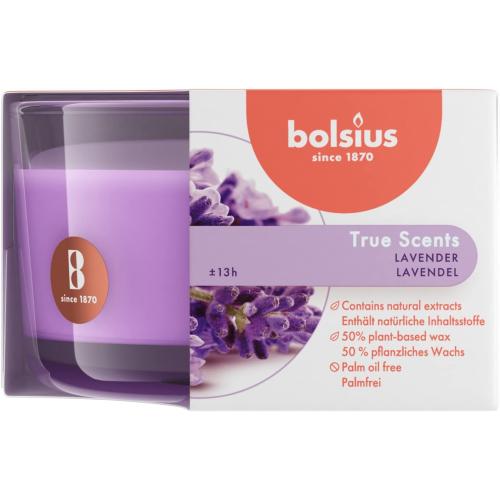 Présentation de Bougie parfumée Lavande Bolsius, Verre, Cire, Violet en situation