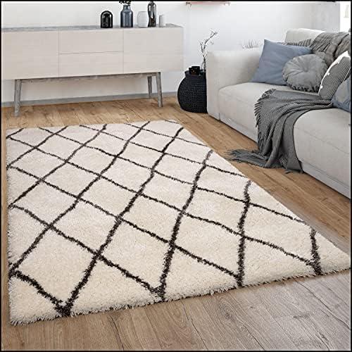 Présentation de Tapis Shaggy Moderne Motif Diamant pour Salon - Style Scandinave en situation