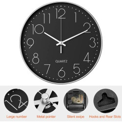 Horloge Murale Silencieuse Uootach, Design Minimaliste Noir en situation