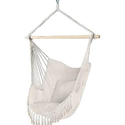 Présentation Chaise Suspendue Coton Doux, 2 Coussins, Hamac Portable Beige,