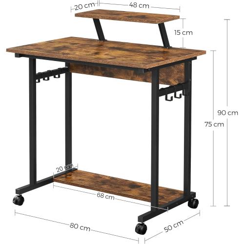 Présentation de Zoom sur Bureau Informatique VASAGLE, Table à Roulettes, Support Écran, Style Industriel