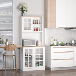 Buffet moderne bois MDF blanc, 2 vitrines, étagères réglables en situation