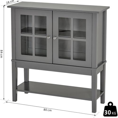 Présentation de Zoom sur Buffet Cuisine Vaisselier Rangement Pieds 2 Portes Verre Bois Gris