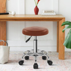 Tabouret Beauté Rond Cuir PU Pivotant, Marron, Réglable en situation