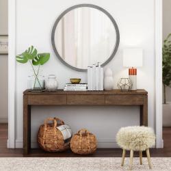 Miroir rond bois gris, décor mural rustique élégant en situation