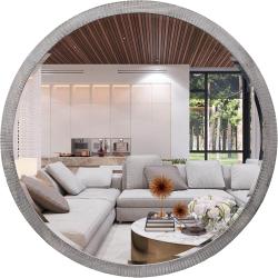 Présentation Miroir rond bois gris, décor mural rustique élégant