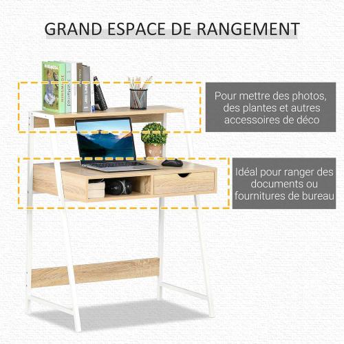 Présentation de Zoom sur Bureau secrétaire informatique néo-rétro blanc chêne clair, tiroir, étagère