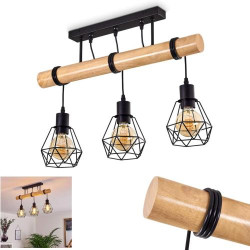 Présentation HOFSTEIN Suspension Yaak, bois, métal noir, 3 lampes rétro