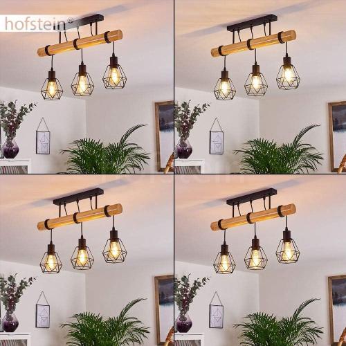 Présentation de Zoom sur HOFSTEIN Suspension Yaak, bois, métal noir, 3 lampes rétro