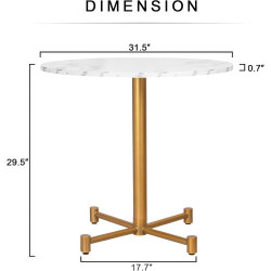 Table salle à manger ronde, bois marbre blanc, métal doré en situation