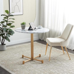 Présentation Table salle à manger ronde, bois marbre blanc, métal doré