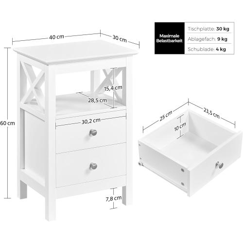 Présentation de Zoom sur Table de Chevet Blanche, 2 Tiroirs, Moderne, Commode Nuit