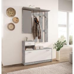 Garde-robe blanche mat, miroir, aspect béton, compact en situation