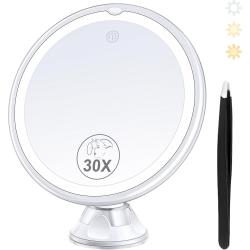 Présentation Miroir grossissant lumineux 30X, 3 modes couleur, ventouse