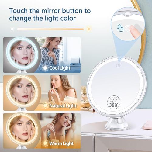 Présentation de Zoom sur Miroir grossissant lumineux 30X, 3 modes couleur, ventouse