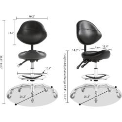 Tabouret de selle pivotant, support dorsal, repos pieds en situation