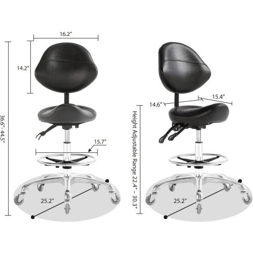 Présentation de Tabouret de selle pivotant, support dorsal, repos pieds en situation