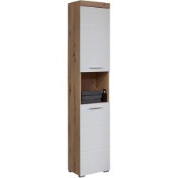 Présentation Armoire Haute Salle de Bain, Rangement Bois Blanc Brillant