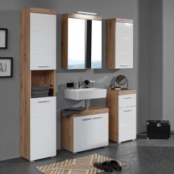 Armoire Haute Salle de Bain, Rangement Bois Blanc Brillant en situation