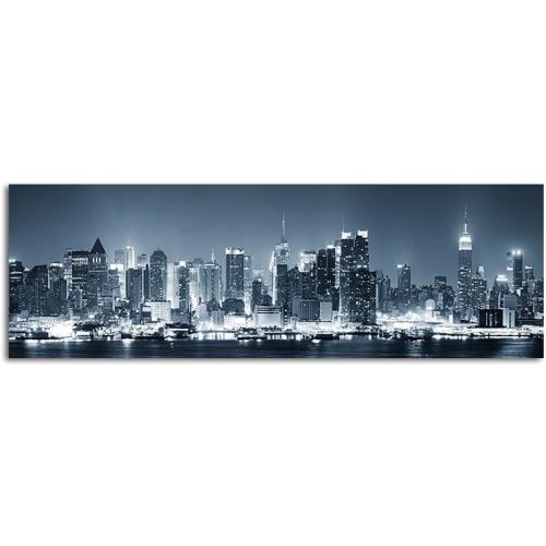 Présentation de Présentation Tableau mural panoramique New York City, toile qualité supérieure, noir blanc bleu