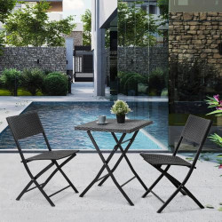 Ensemble 3 meubles jardin polyrotin, chaises pliantes noires en situation