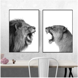 Présentation Affiche Lion Lionne Noir Blanc Art Animaux Murale