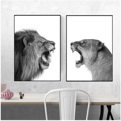 Présentation de Présentation Affiche Lion Lionne Noir Blanc Art Animaux Murale