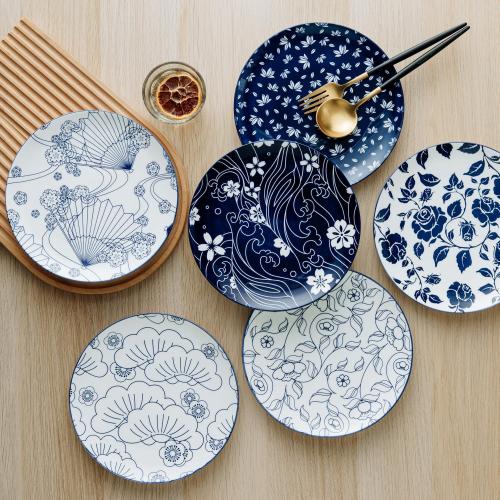 Présentation de Zoom sur Assiettes en porcelaine bleu, lot de 6, grandes, polyvalentes