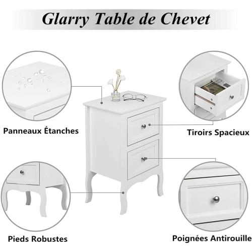 Présentation de Zoom sur Table de Chevet Blanc GLARRY, Lot de 2, 2 Tiroirs