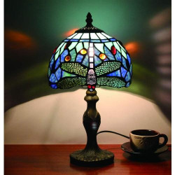 Tokira Lampe Table Tiffany Libellule Bleu Vitrail en situation